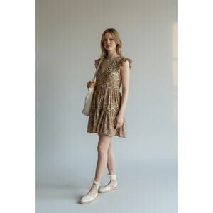 INA Bohemian Shimmering Floral Print Tiered Mini Dress V-neck Size M
